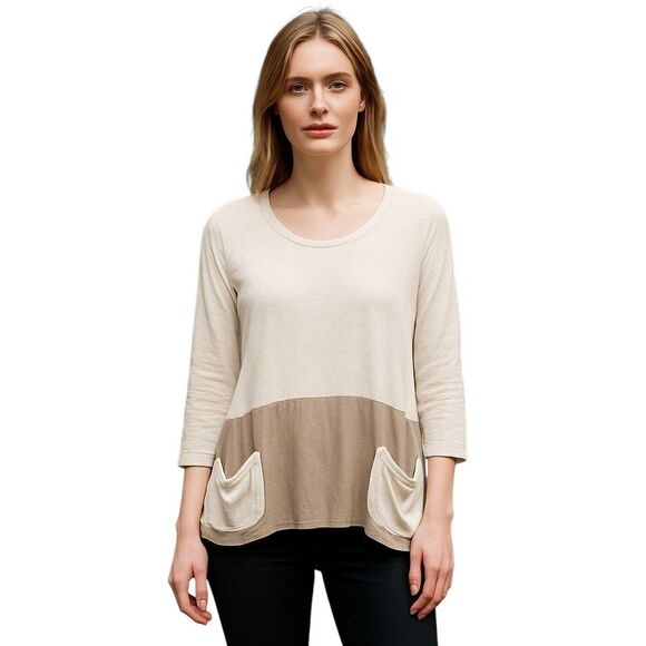 LOGO Lori Goldstein Womens Sz L Tan Solid Long Sleeve Blouse - Picture 1 of 13